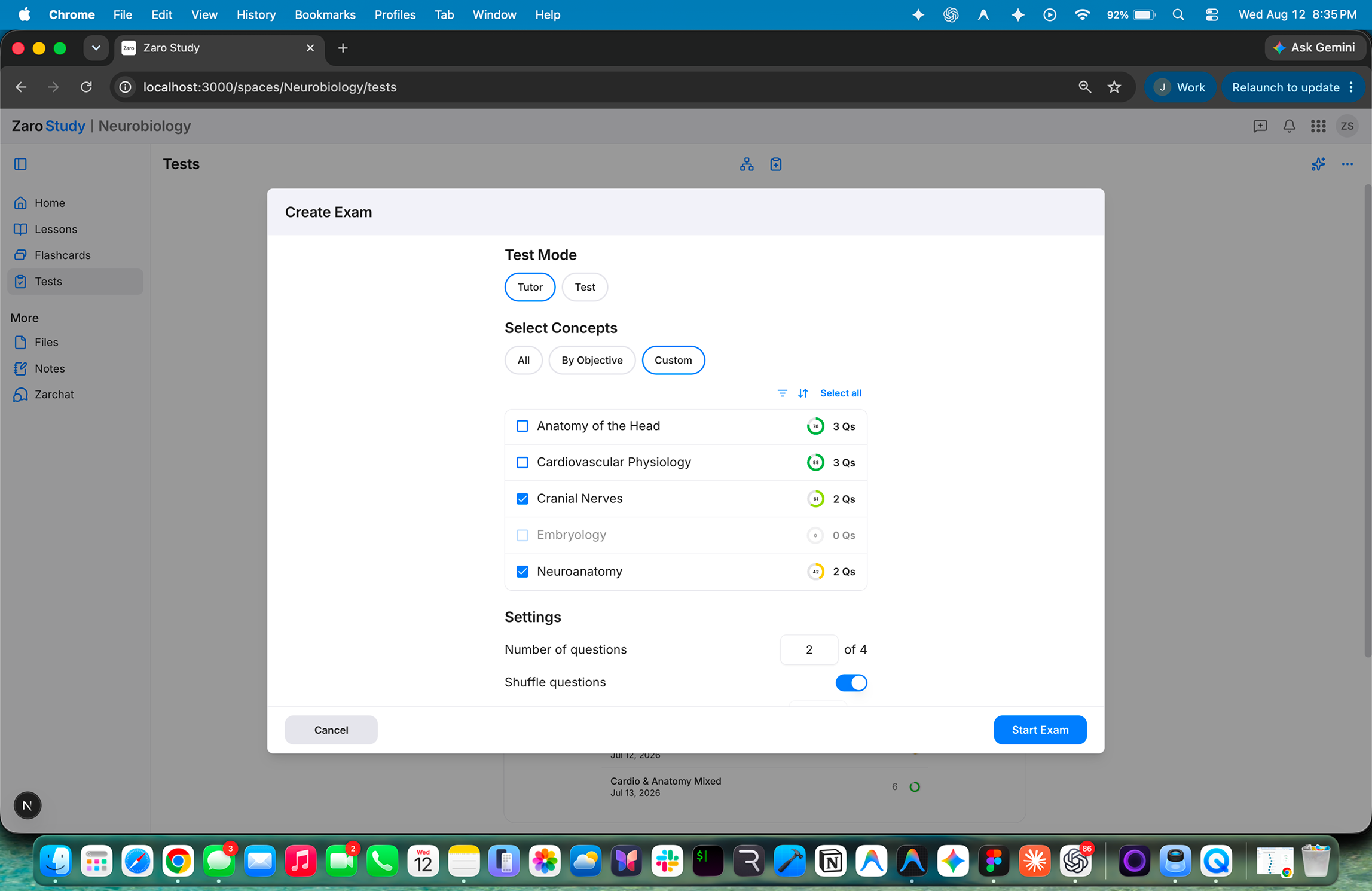Zaro Study exam setup with modes, concepts, and test settings